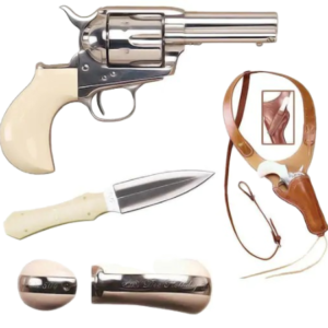 Cimarron Doc Holliday Combo Pistol 45 Colt (Long Colt) 3.5″ Barrel, 6-Round Nickel, Bone Ivory Gripped Dagger/Huckle Berry Shoulder Rig