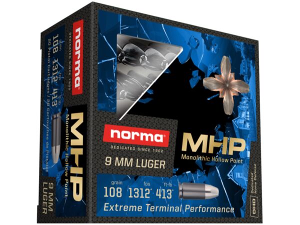 Norma Home Defense Ammunition 9mm Luger 108 Grain Monolith Hollow Point