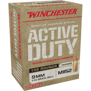 Winchester Active Duty MHS Ammunition 9mm M1152 115 Grain Full Metal Jacket Flat Nose