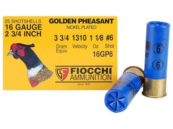 Fiocchi Golden Pheasant Ammunition 16 Gauge 2-3/4″ 1-1/8 oz Nickel Plated Shot 500 rounds