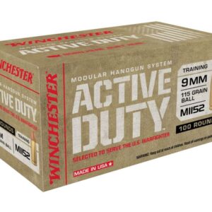 Winchester Ammunition Active Duty Handgun Ammo Brass 9mm 500-Rounds 115 Grain FMJ Flat Nose