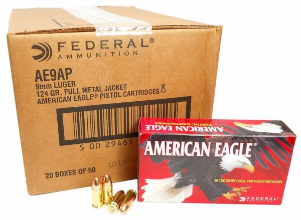 9mm 9×19 Ammo 124gr FMJ Federal American Eagle (AE9AP) 1000 Round Case