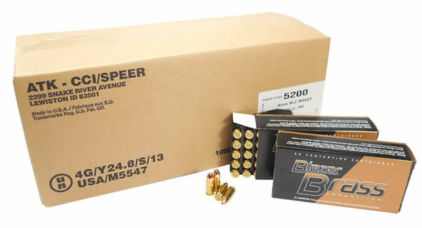 9mm 9×19 Ammo 115gr FMJ CCI Blazer Brass (5200) 1000 Round Case