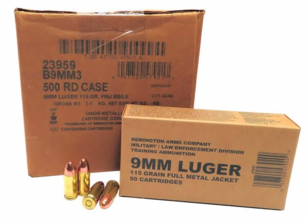 9mm 9×19 Ammo 115gr FMJ Remington Military LE Training (B9MM3) 500 Round Case - Image 2