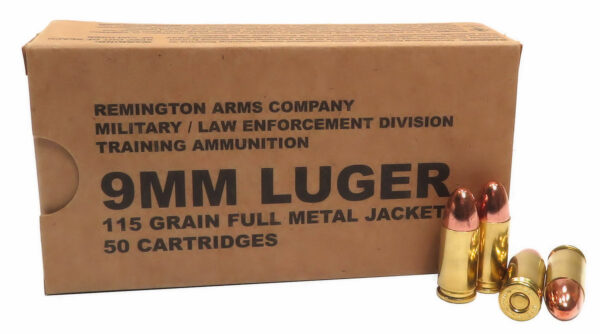 9mm 9×19 Ammo 115gr FMJ Remington Military LE Training (B9MM3) 500 Round Case