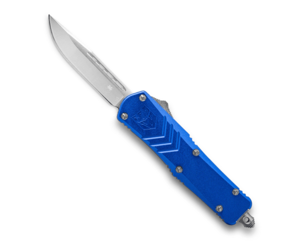 CobraTec FS-X Blue OTF Knife – 2.75″ Plain Drop Point Blade with Nylon Sheath