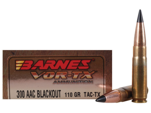 Barnes VOR-TX Ammunition 300 AAC Blackout 110 Grain TAC-TX Polymer Tipped Spitzer Flat Base Lead-Free  500 rounds