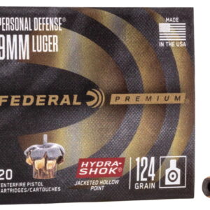 Federal Premium Centerfire Handgun Ammunition 9mm Luger 124 grain Hydra-Shok Jacketed Hollow Point 500 rounds